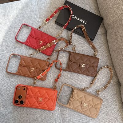 Second Generation Card Holder Red Brown + Short Chain 17 Pro Max Protective Case Leather Card Slot Small ChaneI Style Handheld Chain