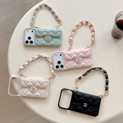 Lychee Pattern Card Holder iPhone 17 Pro Max Phone Case with Handheld Short Chain Leather 16 Pro Protective Cover
