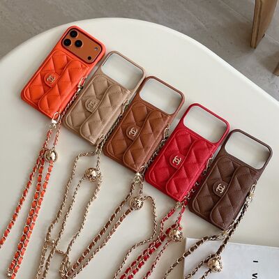 New iPhone 17 Pro Max Phone Case Caviar Texture Lychee Pattern 16 Pro Crossbody Small Gold Ball Orange 15 Card Slot 14 Pro